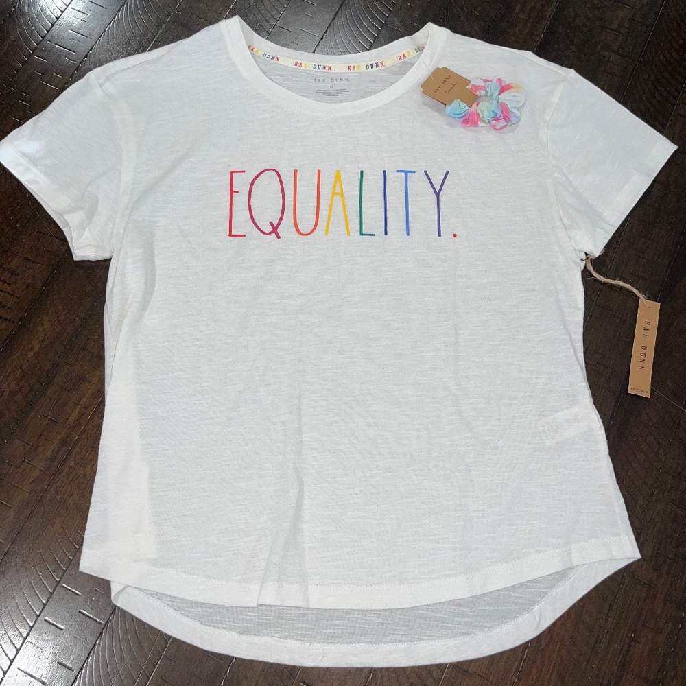 NWT Rae Dunn EQUALITY T-shirt with scrunchie